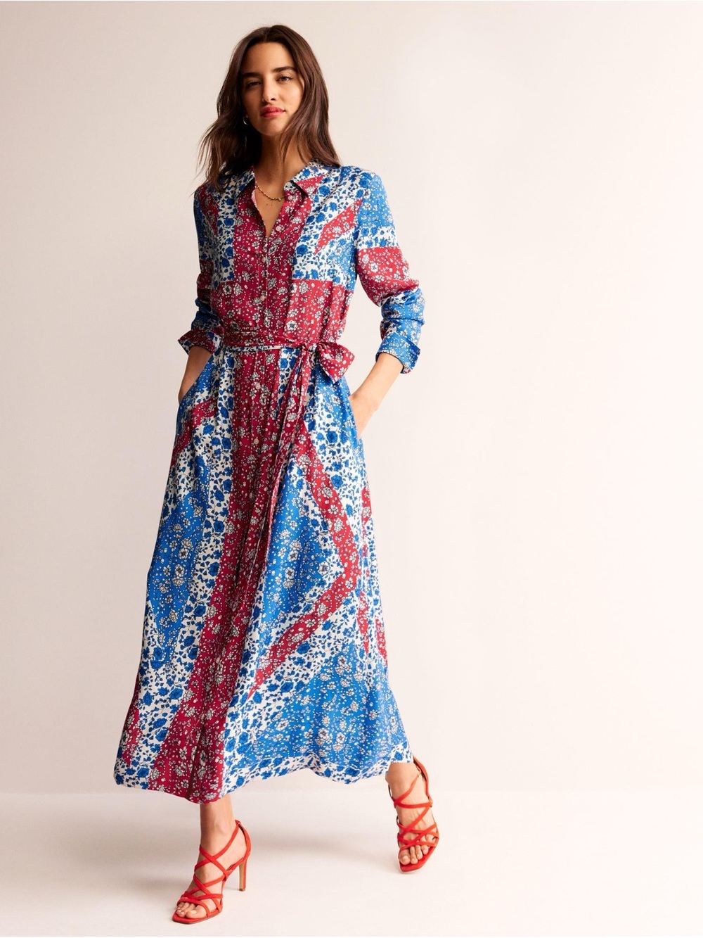 NEW Boden Claudia Maxi Shirt Dress Blue Red Floral Union Jack Silk Soft Button